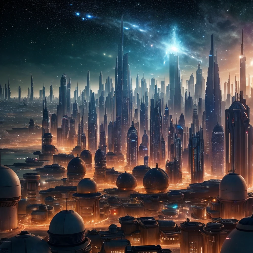 Take a photograph of a city where all the races of the universe meet called Coruscant.. It is a city that serves as the political center, cultural and financial of the galaxy, and is the headquarters of the Galactic Republic and the Galactic Empire. it&#39;s getting dark in the city add people