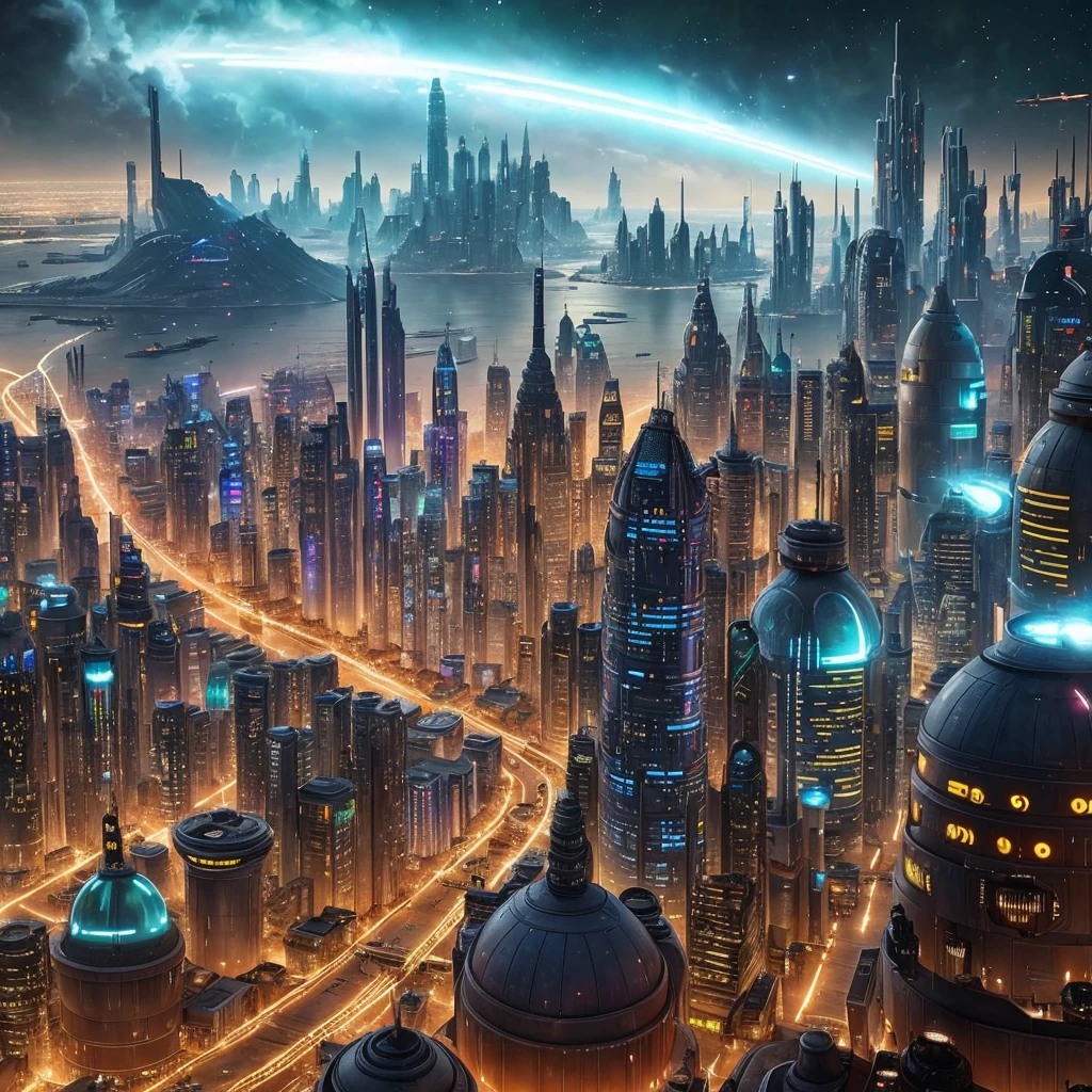 Take a photograph of a city where all the races of the universe meet called Coruscant.. It is a city that serves as the political center, cultural and financial of the galaxy, and is the headquarters of the Galactic Republic and the Galactic Empire. it's getting dark in the city add people