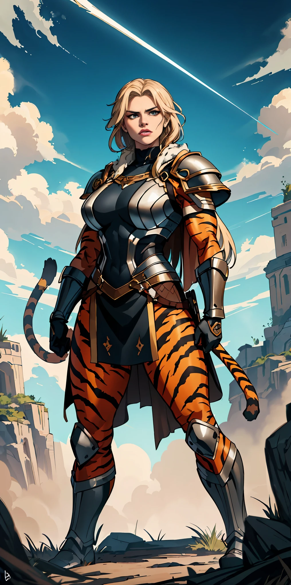 1 Girl (implying one person, likely female)
Full Body: Standing with perfect symmetry
Muscular Build: Strong and defined physique
Turned Arms: Muscular arms positioned behind her back
Theme:
Epic Fantasy: Set in a fantastical world
Asgard: Inspired by Norse mythology (can be subtle or more prominent)
Valkyrie/Lady Knight: Combining elements of a fierce warrior and noble protector
A motif incorporated into her armor, clothing, or environment (tiger stripes, or a tiger pelt cloak)
Visual Style:
Hyper Realistic: Incredibly lifelike detail
Masterpiece: Exceptional quality
8K Resolution: Sharp and high definition
Detailed Drawing: Intricate and richly textured
Superior Quality: The best possible rendering
Epic Composition: Dramatic and visually stunning