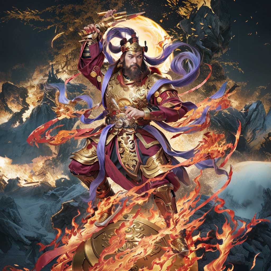 a fierce chinese warrior with a golden bamboo sword, fire, asura from chinese myth, maroon beard and hair, purple deity ribbon, standing on huge golden wheel, 3 eyes, golden armour, taoist priest, taoist master, 