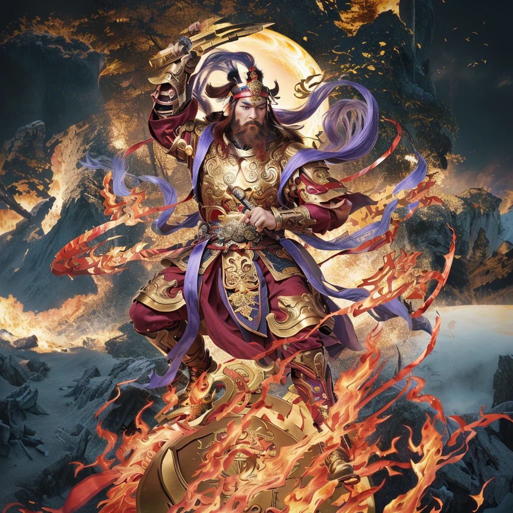 a fierce chinese warrior with a golden bamboo sword, fire, asura from chinese myth, maroon beard and hair, purple deity ribbon, standing on huge golden wheel, 3 eyes, golden armour, taoist priest, taoist master, 