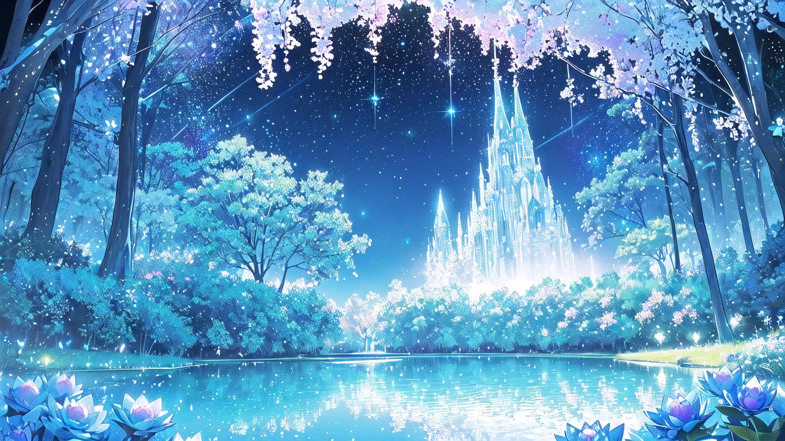 Mystical landscape with ((luminous starry blue and white flowers emitting light particles surrounding pond)),softly glowing butterflies, single beautiful vivid purple sakura tree, (((unique view with extremely vivid multicolors without any people))), {extremely detailed 16k CG unity wallpaper}, expansive natural landscape photography, (wide open field view), (low angle shot),complex details, (iridescent colors: 1.6), (dark night lighting), (atmospheric lighting), Dreamy, unique, no people, reflections perfect,(no humans),landscape only, pixiv_fantasia,((starry glittering pond,water filled with shimmering stardust)),dark night