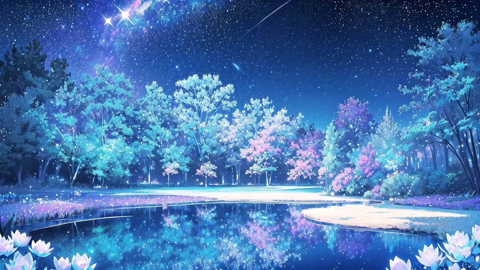 Mystical landscape with ((luminous starry blue and white flowers emitting light particles surrounding pond)),softly glowing butterflies, single beautiful vivid purple sakura tree, (((unique view with extremely vivid multicolors without any people))), {extremely detailed 16k CG unity wallpaper}, expansive natural landscape photography, (wide open field view), (low angle shot),complex details, (iridescent colors: 1.6), (dark night lighting), (atmospheric lighting), Dreamy, unique, no people, reflections perfect,(no humans),landscape only, pixiv_fantasia,((starry glittering pond,water filled with shimmering stardust)),dark night