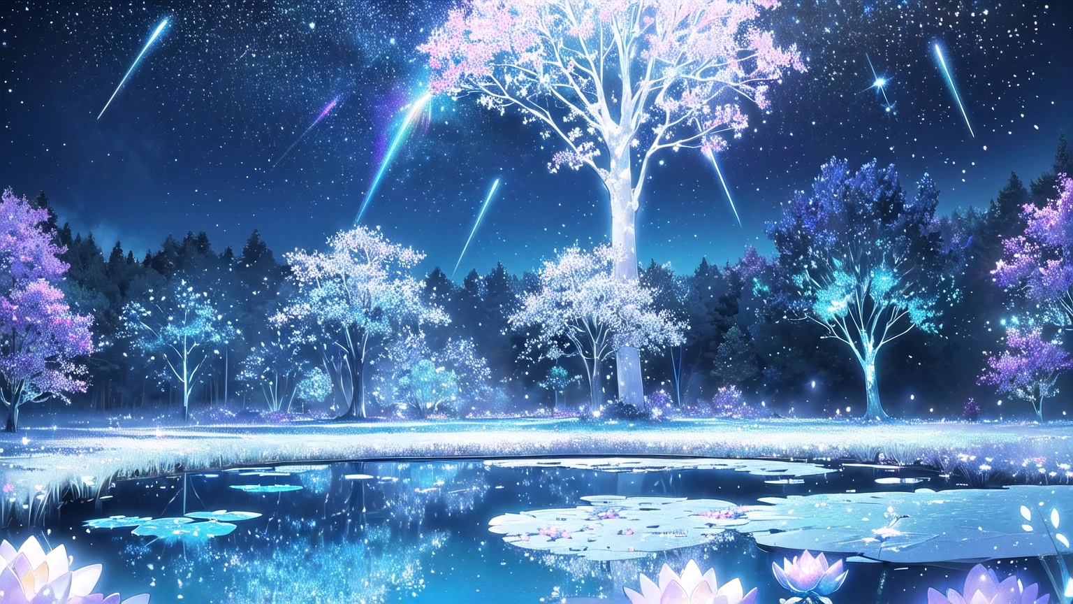 Mystical landscape with ((luminous starry blue and white flowers emitting light particles surrounding pond)),softly glowing butterflies, single beautiful vivid purple sakura tree, (((unique view with extremely vivid multicolors without any people))), {extremely detailed 16k CG unity wallpaper}, expansive natural landscape photography, (wide open field view), (low angle shot),complex details, (iridescent colors: 1.6), (dark night lighting), (atmospheric lighting), Dreamy, unique, no people, reflections perfect,(no humans),landscape only, pixiv_fantasia,((starry glittering pond,water filled with shimmering stardust)),dark night
