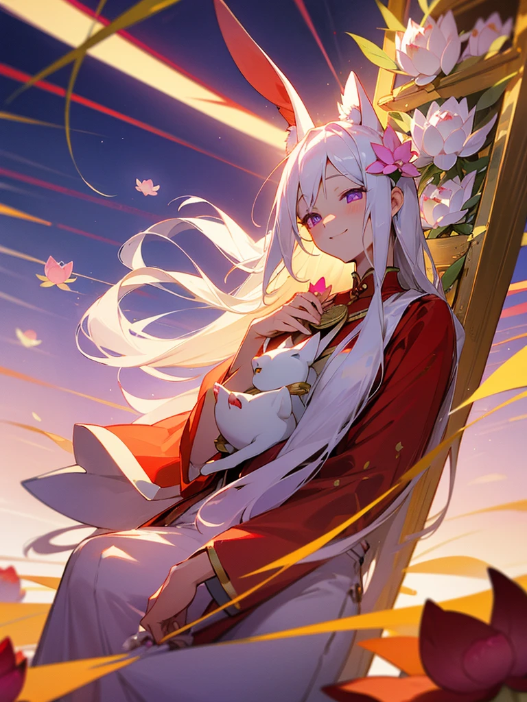 Buddha, rabbit ears, long white hair, Red Dress, portable shrine, festival, Angel Halo, lotus flower field, purple eyes, smile, swallow, lotus bouquet, gold screen, paradise, Kitty