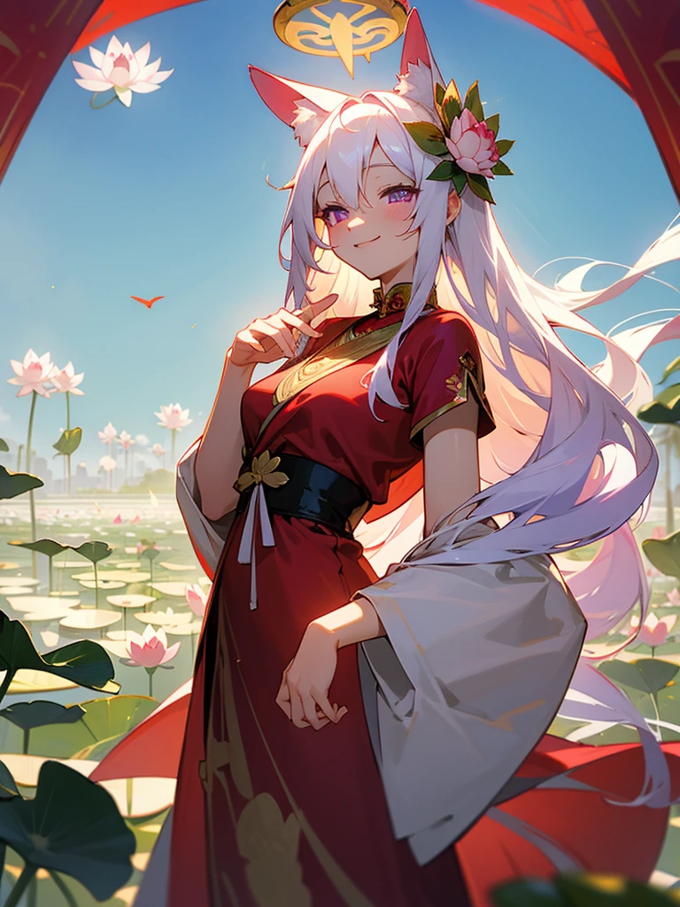 Buddha, rabbit ears, long white hair, Red Dress, portable shrine, festival, Angel Halo, lotus flower field, purple eyes, smile, swallow, lotus bouquet, gold screen, paradise, Kitty