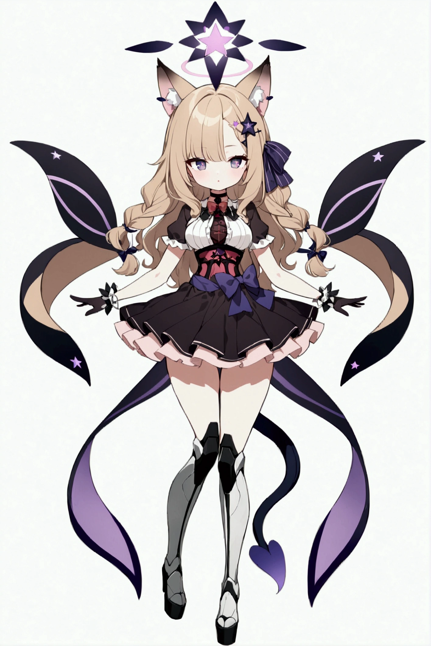 woman 170 cm tall, medium chest, wide hip, slim build, charming look, ((whole body)), (((character design sheet: front view))), (dark blonde hair), ((hip length wavy hair, asymmetrical bangs, star hairpin)), (short braid tied with an elegant purple ribbon on the left side of her hair over her chest), (She has a short braid tied with an elegant purple ribbon on the right side of her hair above her chest), small hair bows at the back of your hair.), ((Gray eyes with a pink 4-pointed star in the pupil.)), (Two black fox ears located on the top of the head.), (Luminous black horizontal halo in the shape of a four-pointed star above the head), He has a black collar with a heart emblem on his neck., (Elegant long one piece dress, knee-length lace and ruffle skirt, short sleeves with ruffles, large bow at the back of the hip, ribbon decorations and star patterns on the dress), black ruffled gloves, Black platform heels, gray belt at the waist with a large ribbon with a luminous pink heart in the middle, ((It has a small succubus tail that ends in the shape of a heart.)), (((It has complex futuristic mechanical legs that reach up to the thighs., black color with small red and purple details.))), extremely detailed beautiful hair, beautiful detailed dress, extremely detailed arms, extremely detailed face, (Extremely detailed hands), perfect hands, small face, Beautiful detailed eyes, beautiful detailed lips, adorable, extremely detailed legs, (Best Quality, 8k, high resolution), ultra detailed, Exquisite and epic character art, ((White background)), (Focus on symmetry).