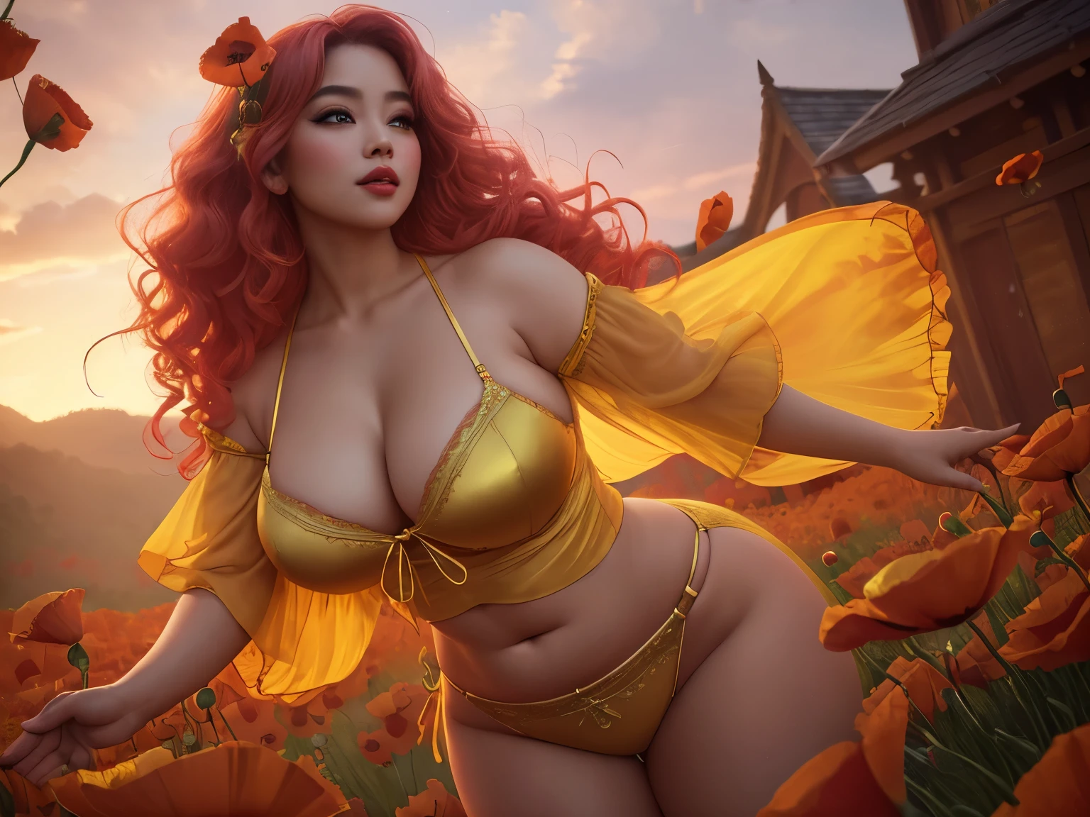 (best quality, 4k, 8k, high resolution, masterpiece:1.2), ultra-detailed, (realistic, photorealistic, photo-realistic:1.37), curvy glamour Asian female, red lingerie, dancing, winding yellow brick road, ((towering red poppies)), dynamic composition, from below, ground level, wavy pastel pink hair, smile, heavy breasts, bright makeup, wide angle, (focus on wide curvy hips), vibrant colors, dusk, ethereal, mystical setting, beautiful detailed eyes, beautiful detailed lips, extremely detailed eyes and face, long eyelashes, 1girl, sensual pose, flowing movement, intricate lingerie details, soft skin texture, golden hour lighting, dreamy atmosphere, fantasy landscape, surreal elements, vivid red and yellow contrast, volumetric lighting, depth of field, cinematic composition