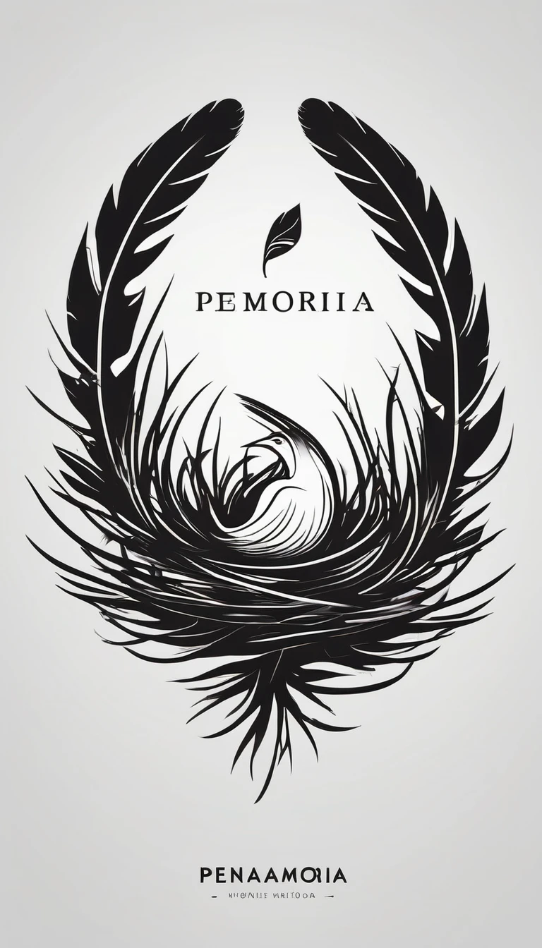 A minimal, modern, simple, cinematic logo design for the brand “Penamemoria". Create a modern, minimalistic, high-quality, logo of a boy inside a nest made of feathers. The logo must be a symbol for dreams, stories, memories, music and imagination.