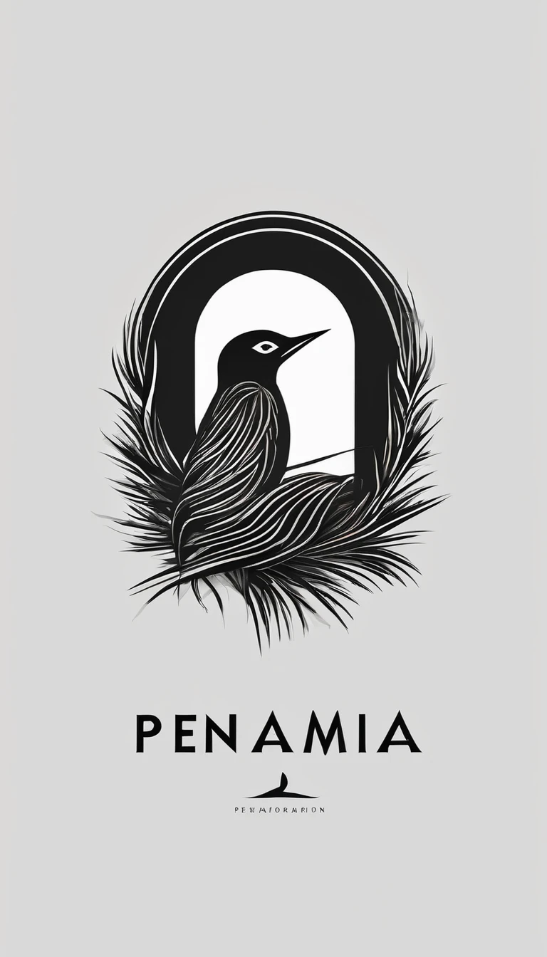 A minimal, modern, simple, cinematic logo design for the brand “Penamemoria". Create a modern, minimalistic, high-quality, logo of a boy inside a nest made of feathers. The logo must be a symbol for dreams, stories, memories, music and imagination.