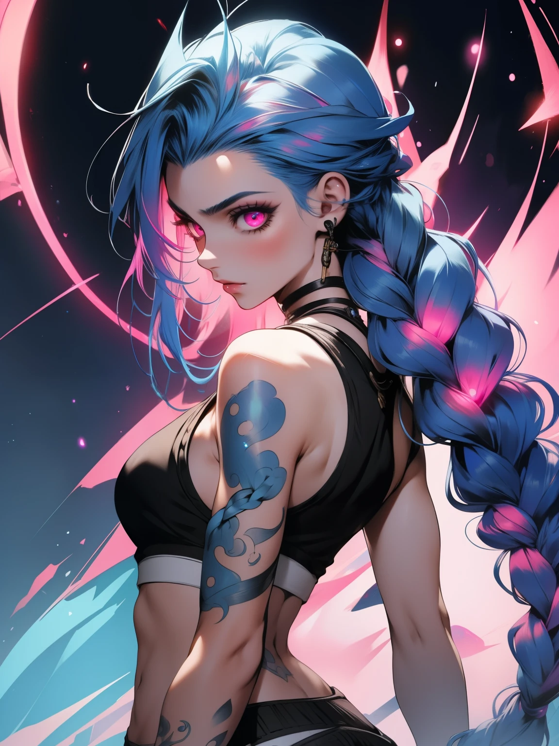 (A high resolution), (absurderes), (Best quality), (High quality), (Masterpiece), (1boy), , Glowing eyes, Pink eyes, Blue hair, Long hair, Double up braid, Jinx \(League of Legends\), arm tattoos, Crop top, Medium breasts, arms back behind,