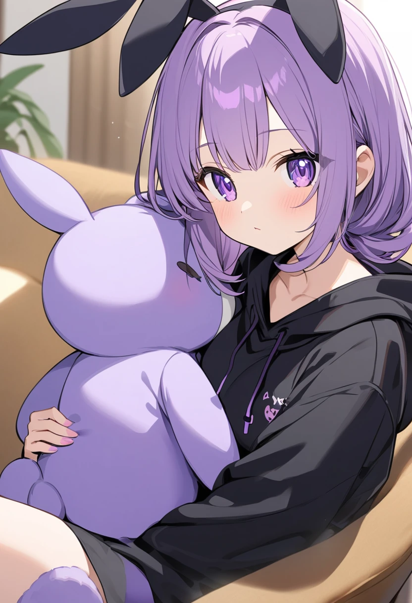 cute anime girl in black sweatshirt with short purple hair with big purple bunny ears with purple eyes
