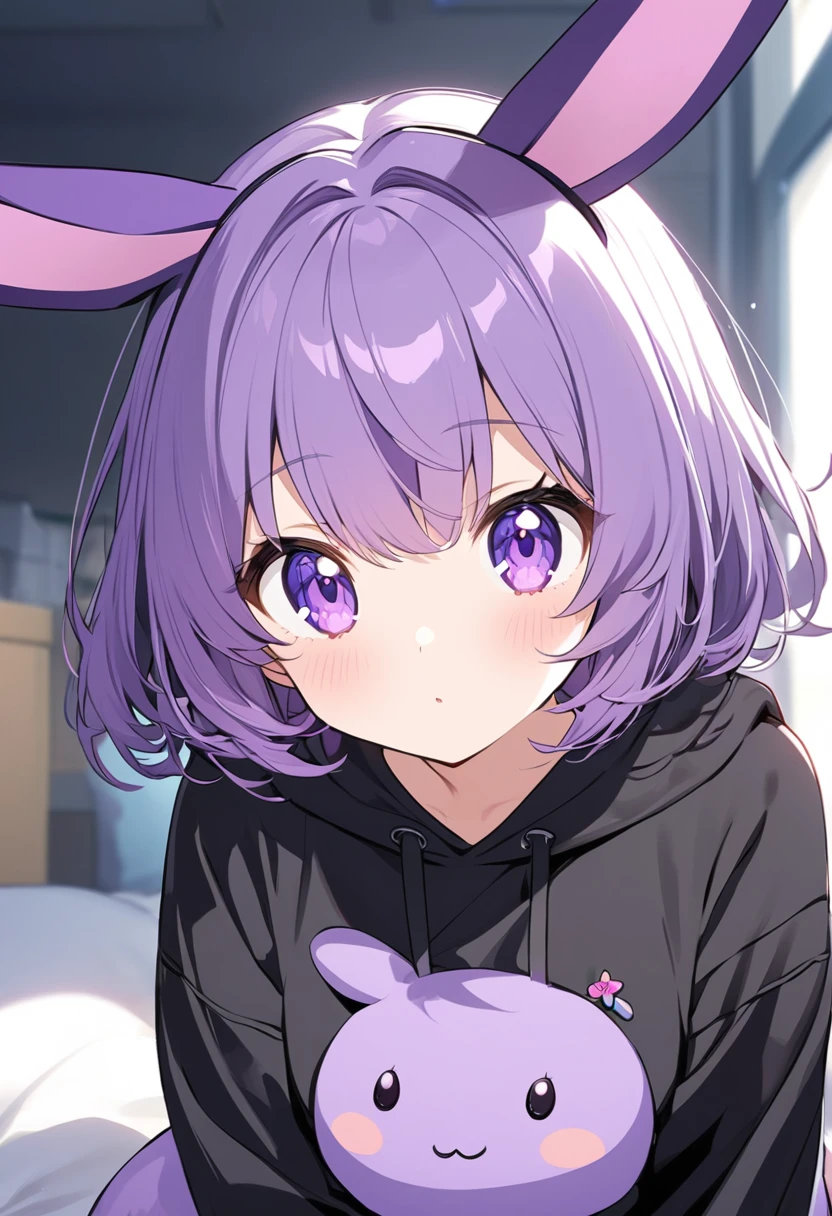  cute anime girl in black sweatshirt with short purple hair with big purple bunny ears with purple eyes