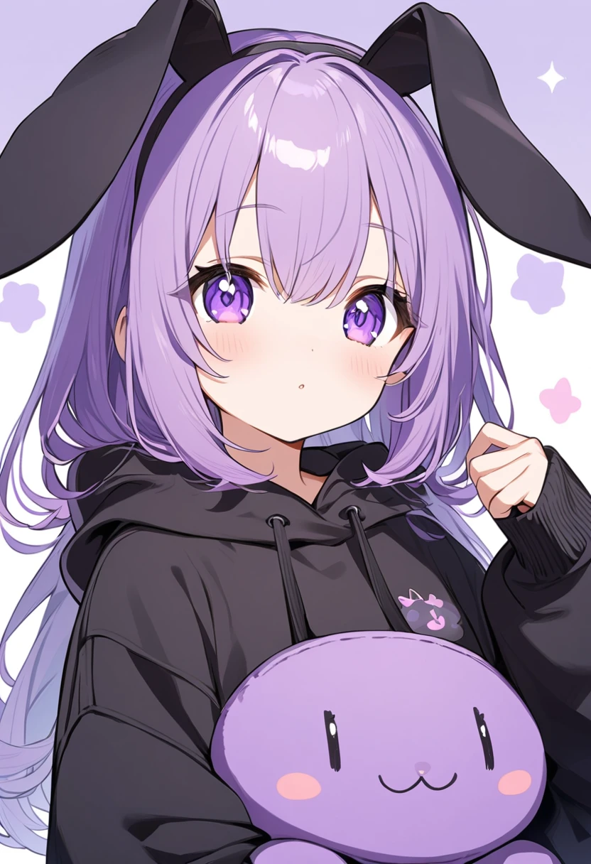  cute anime girl in black sweatshirt with short purple hair with big purple bunny ears with purple eyes