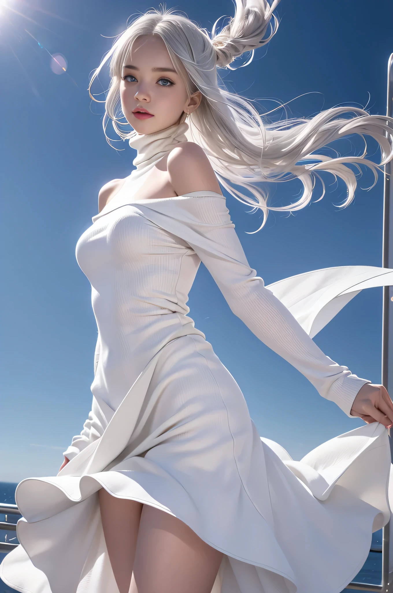 Heterochromatic iris,Silver Haired Girl,High Resolution Free,(Semi-transparent off-shoulder turtleneck pure white dress)、(The wind blows up my skirt)