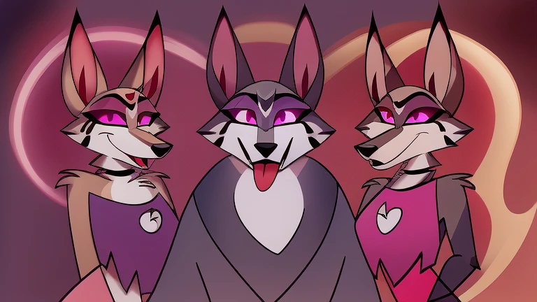 (masterpiece, best quality:1.2), Vortex, group of five female hellhounds, male wolves, furry, helluva boss, tongue out, hypnotized with completely spyral glowing purple eyes with no irises or pupils, tribal clothes, yellow_tabard, full body image