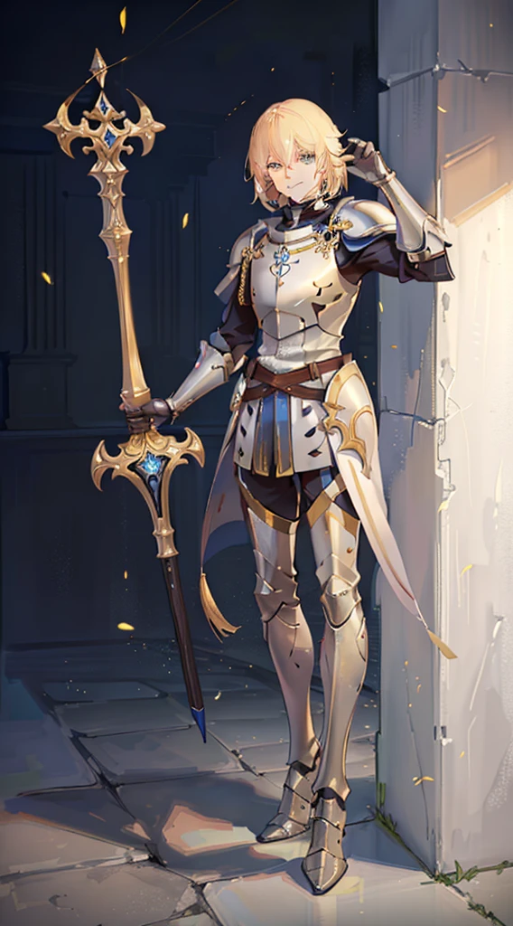 adult man, Blonde hair in a bob, blue eyes, Smile, Beautiful white armor with gold elements, paladin, hammer, shield, Masterpiece, hiquality, 4k, HD, Good detail