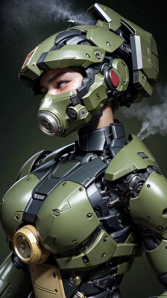 最high quality非常に詳細, Advanced Details, high quality, 最high quality, High resolution, 1080P, hard disk, beautiful,(War Machine),(Snug-fitting headgear),See the big picture,beautifulサイボーグ女性,Dark Green Mecha Cyborg Girl,BATTLE MODE,Mecha Body Girl 8k dark green body armor Sweaty face Droopy eyes short hair Gas mask with extension nozzle boyish ((Steam coming out of my head)) My hair is wet with sweat Black Hair, Steam coming out of the mouth Lying in bed The skin under the face is not exposed