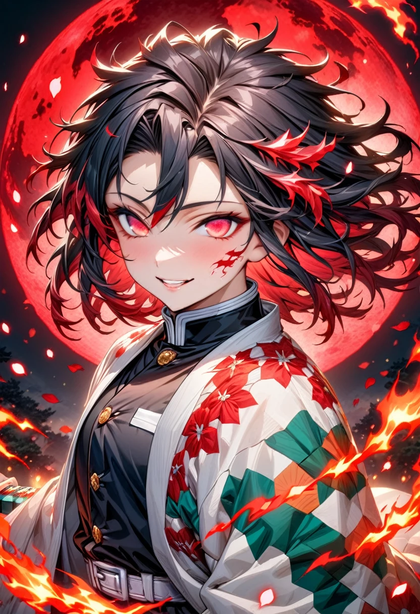 Ultra detailed, highres, absurdres, HDR, master piece, demon slayer, black medium length hair, expressive red eyes, white haori with patters of flames, black demon slayer uniform, Kimetsu No Yaiba, fantasy, petals, red flowers, handsome, sexy man, solo, magic, shining red fireflies, best quality, extremely detailed face and eyes, fire, red moon, red lightning, smiling