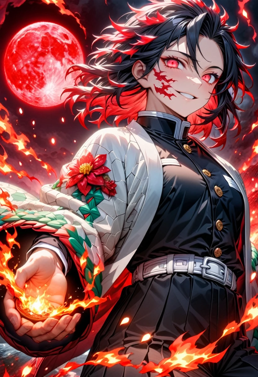 Ultra detailed, highres, absurdres, HDR, master piece, demon slayer, black medium length hair, expressive red eyes, white haori with patters of flames, black demon slayer uniform, Kimetsu No Yaiba, fantasy, petals, red flowers, handsome, sexy man, solo, magic, shining red fireflies, best quality, extremely detailed face and eyes, fire, red moon, red lightning, smiling