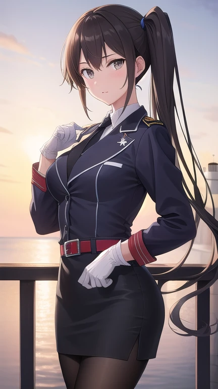 ((masterpiece)),(best quality),official art,extremely detailed CG,unity 8k wallpaper,ultra detailed,A lighthouse on a cliff by the sea,1girl,solo,cowboy shot,nachi (kantai collection),black belt,collar,black hair,black neckwear,black skirt,purple jacket,brown eyes,high heel boots,absurdly long hair,long sleeves,looking at viewer,medium breasts,pencil_skirt,white pantyhose,side ponytail,military uniform,white gloves,