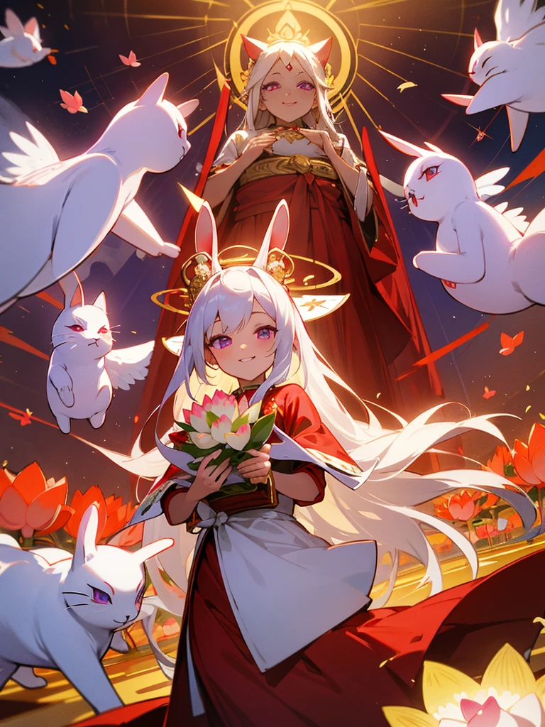 Buddha, rabbit ears, long white hair, Red Dress, portable shrine, festival, Angel Halo, lotus flower field, purple eyes, smile, swallow, lotus bouquet, gold screen, paradise, Kitty
