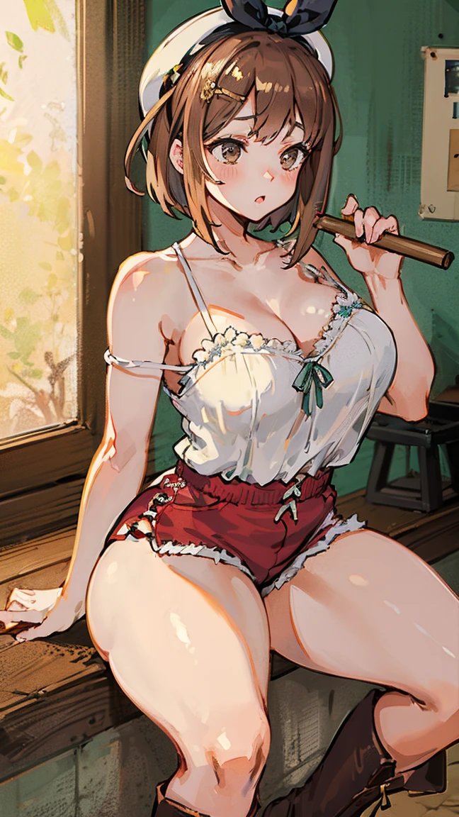 (Highest quality, 8k, masterpiece :1.3),Lizaリン・シュタウト(Lizaのアトリエ),Liza, One woman,Large Breasts,short hair,Brown Hair,hair band,Clothing,hat,White shirt,White camisole,Red shorts,Brown long boots,Blowjob,nsfw,Plump body,Thighs