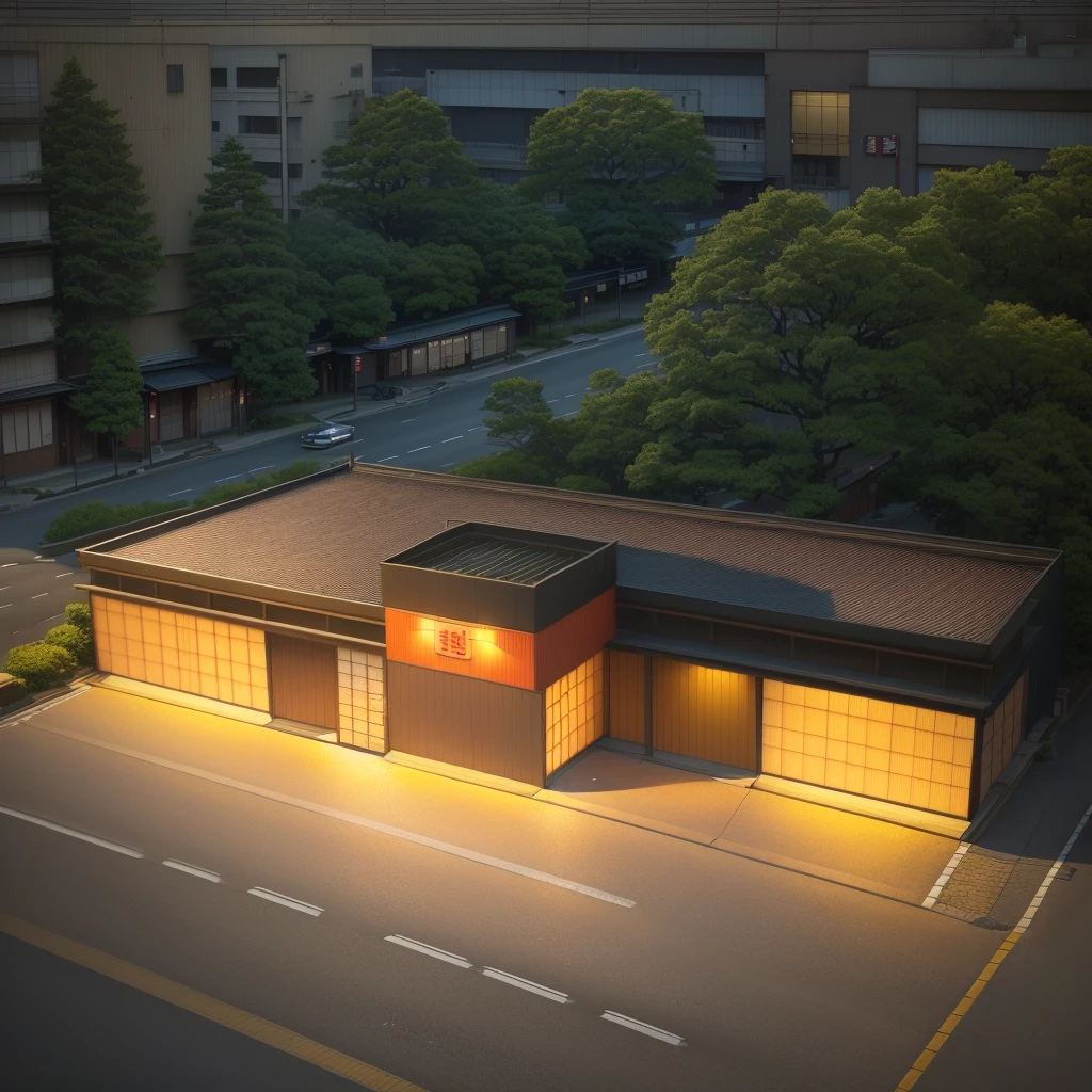 Restaurant((Japan style)),((best quality)), real world location,((street )),realistic, high detailed, (indoor) ,indoor lighting,human, ((town background)), wall, road,glass window, day time,door, center composition,parking,car, sidewalk,3 points perspective,glass panel,billboard.