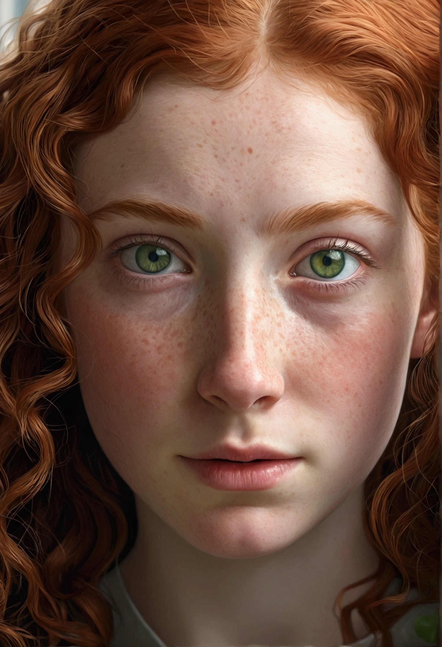 A red-haired girl, pale white skin, with a few freckles on his face, green eyes, very long curly hair, round face, small upturned nose, Small ears, sad smile, upset, hyperrealism, Ray Tracing, NIKON, 16k, best quality, award winning, high details, super detail, textured skin, anatomically correct, masterpiece