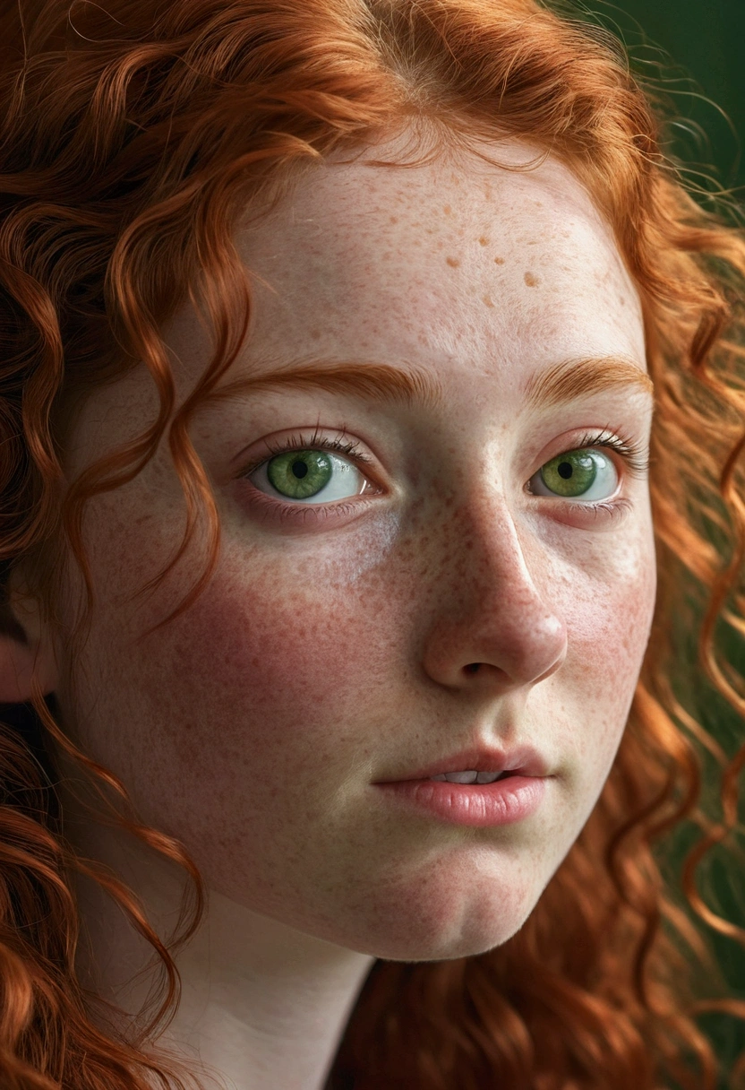 A red-haired girl, pale white skin, with a few freckles on his face, green eyes, very long curly hair, round face, small upturned nose, Small ears, sad smile, upset, hyperrealism, Ray Tracing, NIKON, 16k, best quality, award winning, high details, super detail, textured skin, anatomically correct, masterpiece