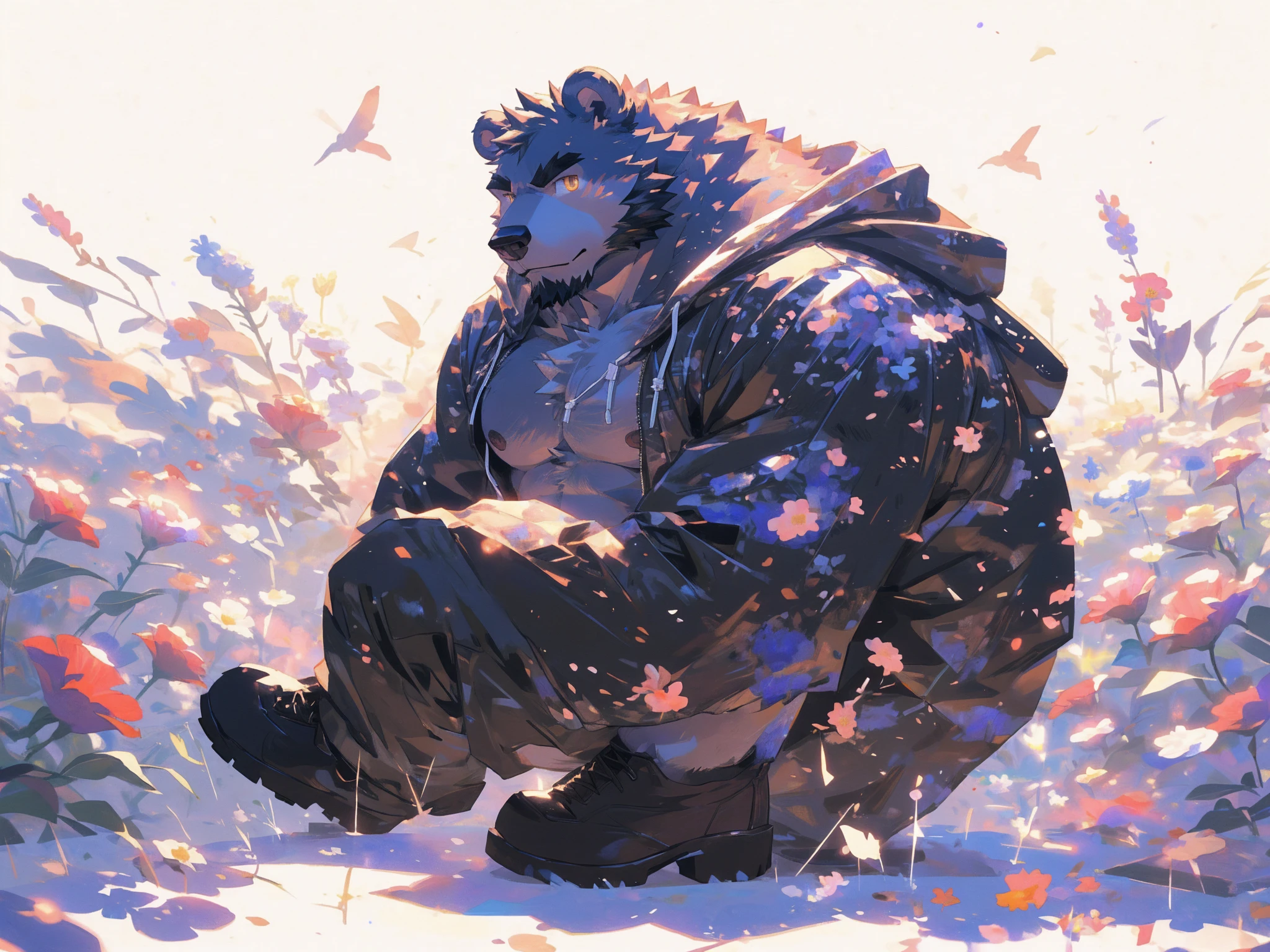 (masterpiece:1.2), best quality,pixiv,official art,perfect anatomy, (Ray tracing, light),solo, (1_male:1.3) , (muscle), (grey fur:1.4), (muscle bear), (beard:1.2), (gleaming golden eyes), bear tail, Thick black eyebrows, (open hoodie :1.3) , (naked inside:1.2), cargo pants, boots, portrait , (white background:1.3) , (flowers around:1.3)