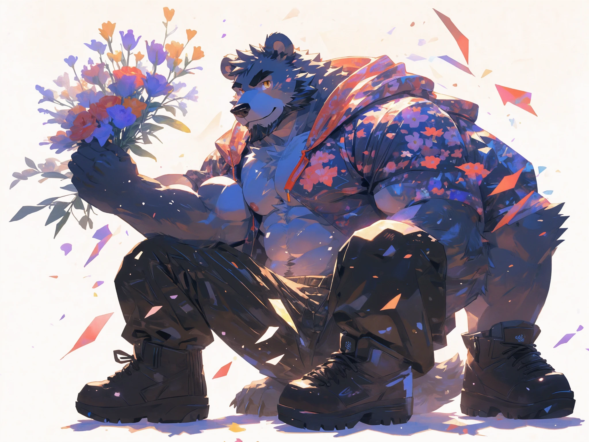 (masterpiece:1.2), best quality,pixiv,official art,perfect anatomy, (Ray tracing, light),solo, (1_male:1.3) , (muscle), (grey fur:1.4), (muscle bear), (beard:1.2), (gleaming golden eyes), bear tail, Thick black eyebrows, (open hoodie :1.3) , (naked inside:1.2), cargo pants, boots, portrait , (white background:1.3) , (flowers around:1.3)
