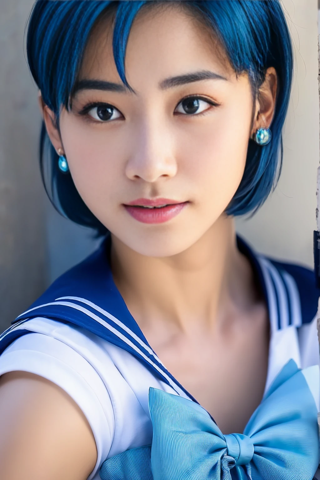 Full Body Shot,Ami Mizuno, (sailor mercury, neck ribbon, blue hair, short hair, circlet, jewelry, crescent earrings),Sailor Mercury. beautiful, whole body,water star,looking at the camera