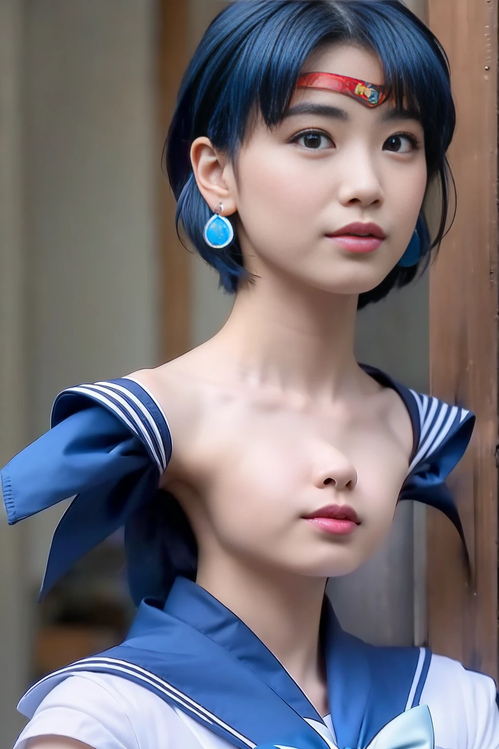 Full Body Shot,Ami Mizuno, (sailor mercury, neck ribbon, blue hair, short hair, circlet, jewelry, crescent earrings),Sailor Mercury. beautiful, whole body,water star,looking at the camera