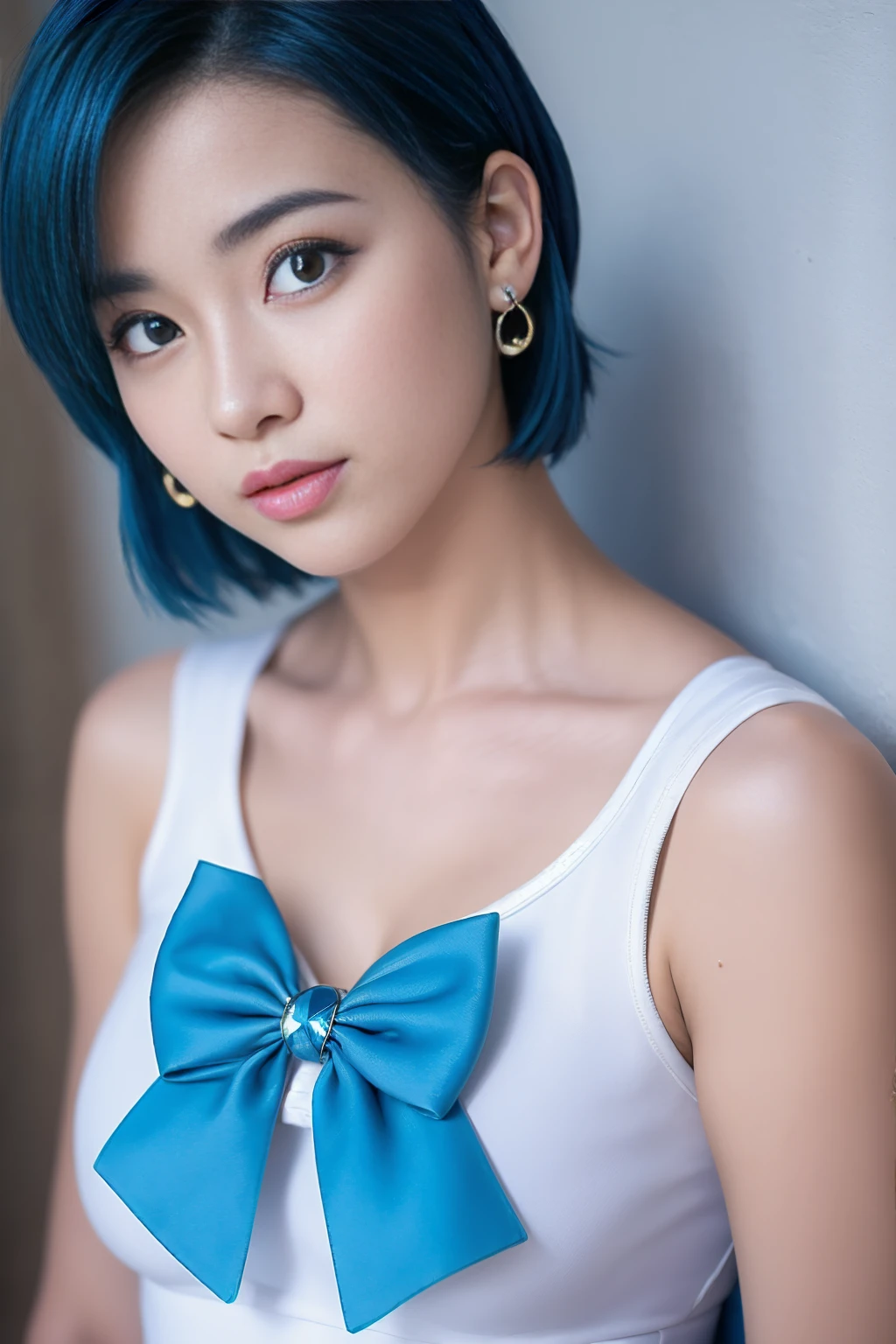 Full Body Shot,Ami Mizuno, (sailor mercury, neck ribbon, blue hair, short hair, circlet, jewelry, crescent earrings),Sailor Mercury. beautiful, whole body,water star,looking at the camera