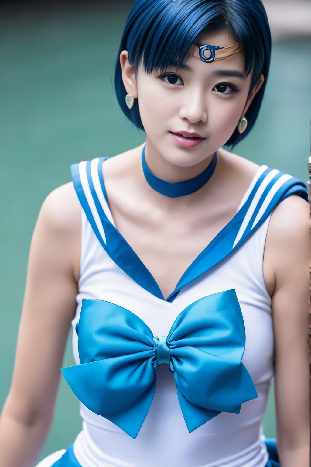 Full Body Shot,Ami Mizuno, (sailor mercury, neck ribbon, blue hair, short hair, circlet, jewelry, crescent earrings),Sailor Mercury. beautiful, whole body,water star,looking at the camera