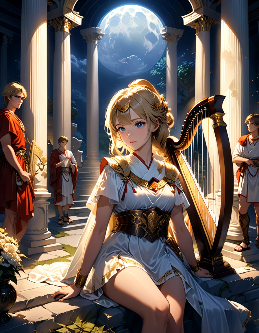 Ancient Greek temple, at night, main characters are two young men and girl, the young man stands, the girl sits, leaning against a pillar, a handsome young man around 20 years old, with loose shoulder-length blond hair, a Roman soldier, wearing liturgical military uniform, Roman sandals and calf and knee pads, standing leaning against the pillar and listening to the music played by a priestess, bowed slightly, holding a Roman helmet in one arm, weight on one leg with the other slightly bent, late at night, inside the temple (dark: 1.3) (unlit: 1.2), moonlight filtering in at an angle, illuminating him clearly, a young priestess sits inside the temple a little distance from him, (playing a harp:1.5) larger than her, holding it in front of her, late at night, inside the temple (dark: 1.3) (unlit: 1.2), moonlight filtering in at an angle, illuminating her faintly. Highly detailed, photorealistic, realistic lighting, intricate architecture, ornate decorations, cool color palettes, golden accents, soft fabric textures, seductive facial expressions, graceful poses, cinematic compositions, natural lighting, realistic shadows, mysterious atmosphere, hyper-realistic, award-winning art