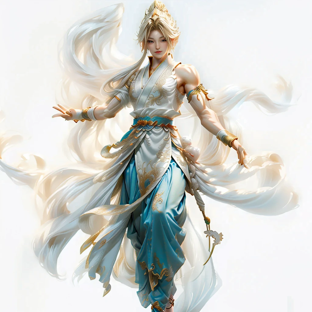 Dunhuang,Aesthetic,male,muscular,Hairstyle,Clothes white gold,Fairy air,4K,Lighting,Ball head,blonde,Clothes fluttering yarn,Flowing clothes,Male bodhisattva,头发Hairstyle,sacred,Cool clothing,Biceps,Monk,bust,Hands together,Asian beauty,Topless,Showing chest muscles
