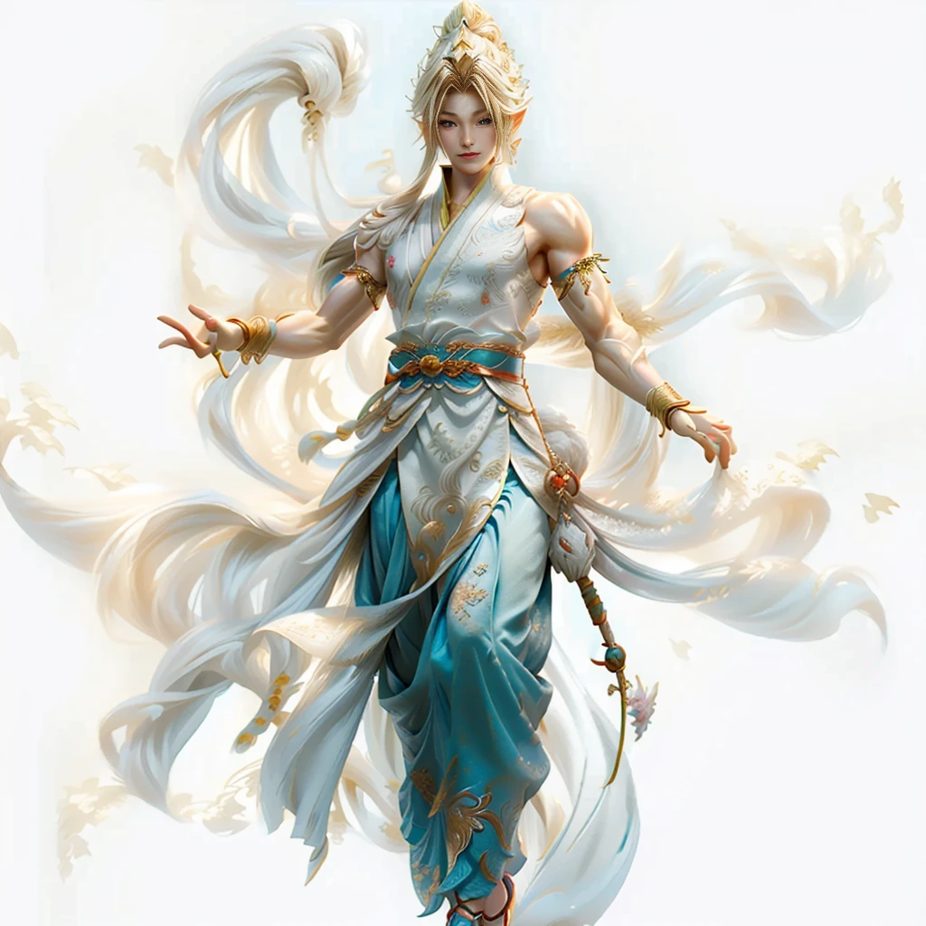 Dunhuang,Aesthetic,male,muscular,Hairstyle,Clothes white gold,Fairy air,4K,Lighting,Ball head,blonde,Clothes fluttering yarn,Flowing clothes,Male bodhisattva,头发Hairstyle,sacred,Cool clothing,Biceps,Monk,bust,Hands together,Asian beauty,Topless,Showing chest muscles
