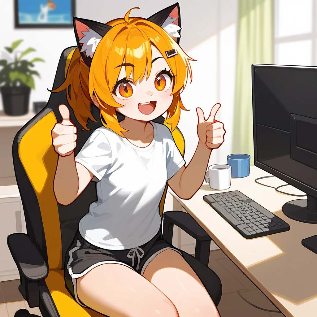 source_anime, score_9, score_8_up, BREAK a 1girl using a computer, cat ears, shirt, shorts, living room, thumbs up, smile open mouth
