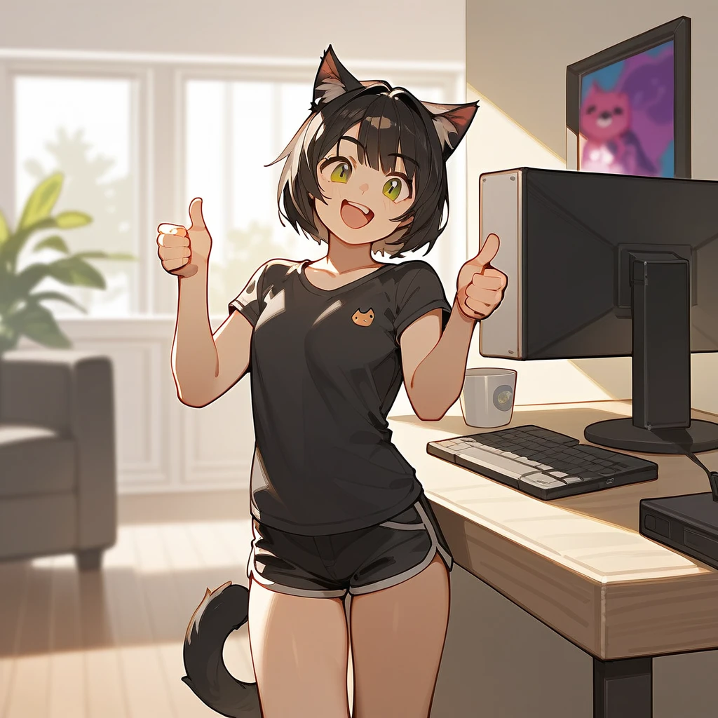 source_anime, score_9, score_8_up, BREAK a 1girl using a computer, cat ears, shirt, shorts, living room, thumbs up, smile open mouth