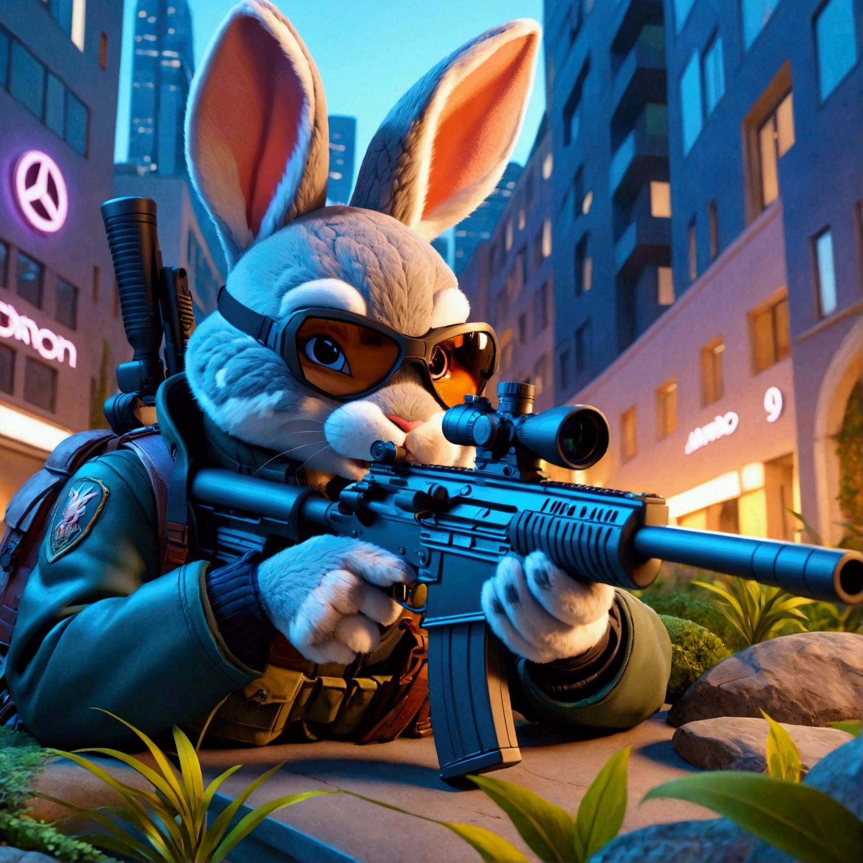 (Close-up of anthropomorphic bunny lying and aiming with elite sniper rifle:1.3), (stylish high-neck military jacket:1.1), (leather gloves:1.1), (cap with draconic logo:1.2), (background is modern urban area with vegetation at twilight:1.1), (architecture with intricate design:1.1), bright colors, masterpiece in maximum 16K resolution, best quality, ultra detailed, aesthetics, absurdes.