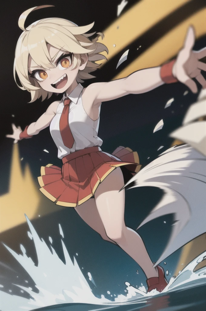 ((masterpiece, best quality)), (1girl), (solo), (female focus), (ahoge, blonde amd black hair, short hair), fire eyes, light smile, open mouth, ((torn skirt), (( red skirt)), standing, water background, arms behind back, dynamic angle