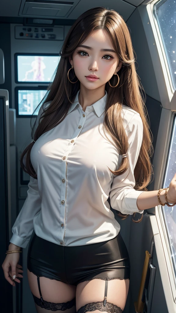 Portrait of Aquarius, the constellation personified as an innovative and socially conscious character, depicted as a scientist or technician aboard the spaceship. --ar 9:16 -- at 6.0 --s 750, 8k , HD, highly detailed, realistic, photography, photo realism,19 years old, alone, Long Hair, View your viewers, Blonde, Brown eyes, gem, whole body, Realistic, Sexy、Big Breasts 、stockings、clip on earrings,during,bracelet、embarrassed,blouse、