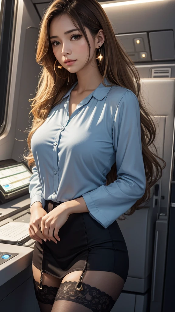 Portrait of Aquarius, the constellation personified as an innovative and socially conscious character, depicted as a scientist or technician aboard the spaceship. --ar 9:16 -- at 6.0 --s 750, 8k , HD, highly detailed, realistic, photography, photo realism,19 years old, alone, Long Hair, View your viewers, Blonde, Brown eyes, gem, whole body, Realistic, Sexy、Big Breasts 、stockings、clip on earrings,during,bracelet、embarrassed,blouse、