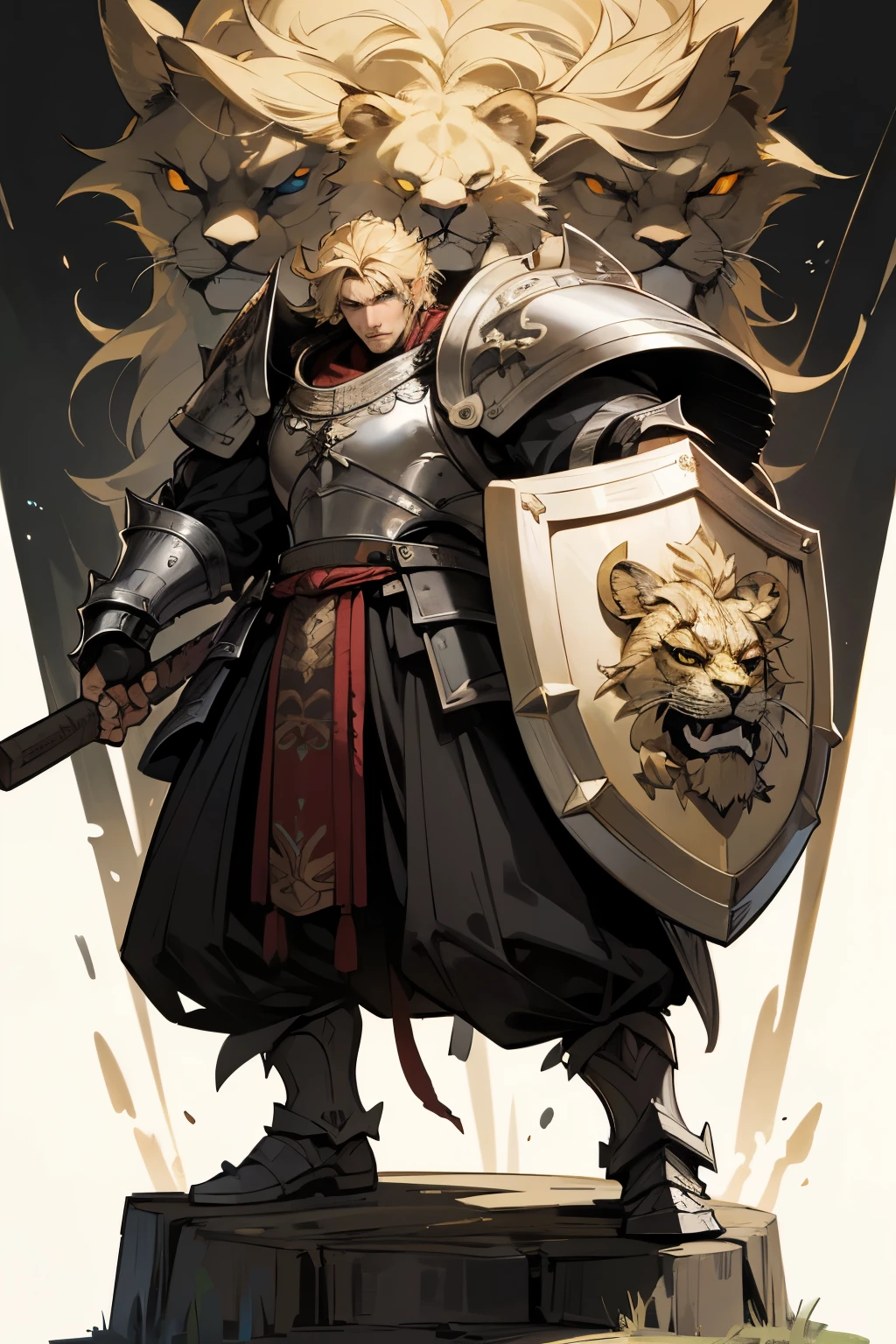 Very high quality, 4k, Masterpiece of the highest quality, extreme attention to detail on hands and face, extreme attention to detail in eyes, anime style, A Virile and Masculine Norse warrior wearing heavy silver armor and carrying a Powerful Hammer in his Right Hand and a Lion Shield in his Left Hand, blonde with blue eyes, Ken Masters style face, nordic battle scene on mountain background, single character full body art.