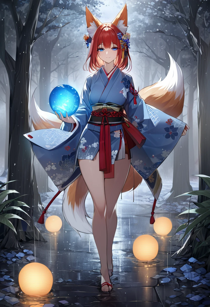 Masterpiece, Extremely detailed, Photo, A beautiful kitsune woman walking in a rainy forest holding a small ball of blue light, fox ears, nine fox tails, traditional Japanese clothing. 