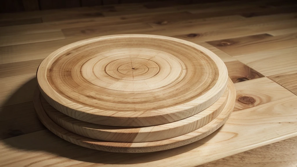 a close-up of a tilted wooden board, Round Base, natural wood top, round cut, round format, Renderização de 3D product, 3d models, 3d models, 3D product, wooden platforms, 3/4 view, 3 / 4 view, Round design, oak tree, on a wooden plate, with detailed wood
