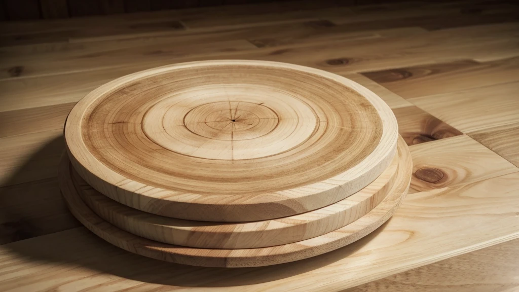 a close-up of a tilted wooden board, Round Base, natural wood top, round cut, round format, Renderização de 3D product, 3d models, 3d models, 3D product, wooden platforms, 3/4 view, 3 / 4 view, Round design, oak tree, on a wooden plate, with detailed wood