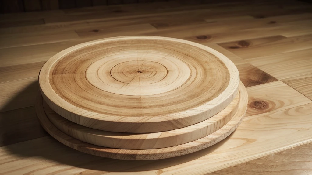 a close-up of a tilted wooden board, Round Base, natural wood top, round cut, round format, Renderização de 3D product, 3d models, 3d models, 3D product, wooden platforms, 3/4 view, 3 / 4 view, Round design, oak tree, on a wooden plate, with detailed wood